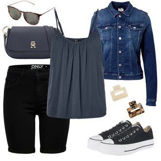 90tá léta Outfit s Modrá/Světle modrá/Tmavě modrá Vintage Bund/Krátké Džínové Bundičky/Džínové Bund Tommy Jeans "Outfit na léto"Look: 90tá léta, Cool, Námořní, Mom, Krásný, Univerzitní, Western, Pracovní oděvy, Retro