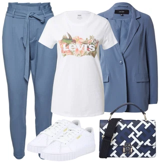 Outfit s Šedá/Modrá/Světle modrá Baggy Kalhoty/Boyfriend Kalhoty/Mrkvová Kalhoty/Ležérní Kalhoty/Harémová Kalhoty/Kalhoty s Vysokým Pasem/Mušelínové kalhoty/Kalhoty se Štěrbinou/Paperbag Kalhoty VERO MODA "Outfit na léto"