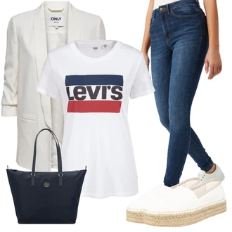 Outfit s Bílá/Modrá Kožená bunda/Svetrová Vest Dlouhý svetr/Midi Kabát VERO MODA "Outfit na léto"