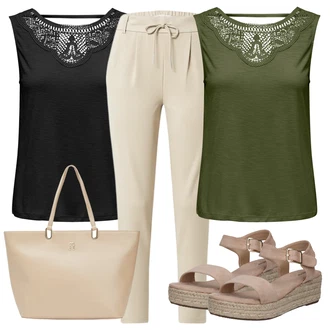 Outfit s Hnědá/Béžová Sandál Dianette/Římská sandála/Sandál S T Páskem/Rybářská sandála/Sandál se suchým zipem About You "Outfit na léto"