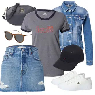 Džínovina Outfit s Modrá/Světle modrá Krátká Sukně/Džínová vintage sukně/90tá Léta Sukně/Džínová Sukně levi's ® "Outfit na léto"