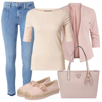 Outfit s Světle modrá/Modrá Kožená bunda/High Waist Džínové Kalhoty/Džíny s Rozparkem/Džín s Nízkým Pasem/Push up Džín/Navlékací džíny/Kožené Boty/Zimní bunda ESPRIT "Outfit na léto"