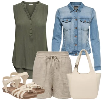 Nadrozměrné Outfit s Šedá/Béžová/Hnědá/Khaki Košile Mušelínové Šortky/Lněný kraťas Only "Outfit na léto"Look: 20 léta, Ležérní, Pro Dům, Venkovní, Nadrozměrné, Unisex