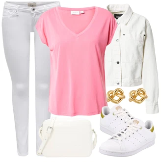 Outfit s Bílá/Krémová/Béžová Krátký Bund/Manšestrová Bunda/Krátký Bund/Letní Bund/Krátké Džínové Bundičky/Jarní bunda/Košilová bunda About You "Outfit na léto"