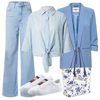 Outfity pro léto s Světle modrá Džín s Širokou Nohavicí/Džíny s Rozparkem/Džíny Culottes/Dad Džíny/Vintage džíny/Baggy Džíny/High Waist Džínové Kalhoty/Zvonové Džíny/Formální Košile/Džíny Volného Střihu Edited "Outfit na léto"