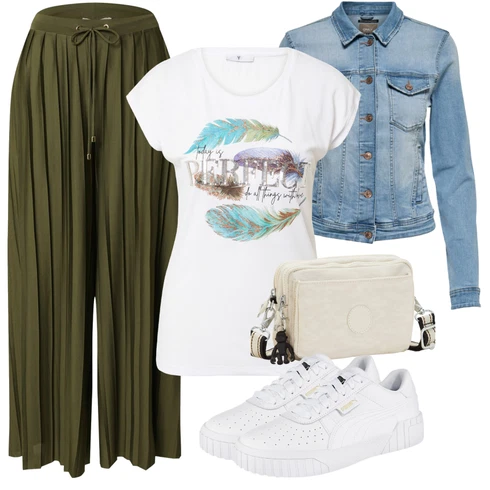 Kombinace Tmavě zelená/Khaki Široká Kalhoty/Culotte Kalhoty/Palazzo Kalhoty/Paperbag Kalhoty/Plisovaná Kalhoty/Plisovaná kalhoty About You kombinovat s Světle modrá/Modrá Bunda Krátké Džínové Bundičky/Vintage Bund/Džínové Bund Only