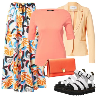 Satén Outfit s Šedá/Modrá/Oranžová/Žlutá/Vícebarevný Zavinovací Sukně/Sukně S Květinovým Vzorem/Vázací Sukně/60tého Léta Sukně/80tého Léta Sukně/Sukně s potiskem/Vintage Sukně maxi/90tá Léta Sukně/Italská Sukně About You "Outfit na léto"