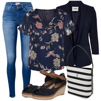 Outfit s Fialová/Tmavě modrá/Růžová/Modrá/Červená/Hnědá Zavinování Halenka/Crash blůza/Halenka s Krátkým Rukávem/Halenkový Top/Halenka s Potiskem/Vzorovaná Halenka/Otevřená Halenka VERO MODA "Outfit na léto"