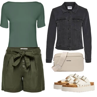 Zapínání na knoflíky Outfit s Tmavě zelená/Khaki Košile Lněný kraťas/Papírové Šortky Only "Outfit na léto"