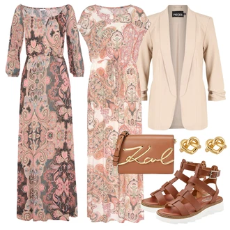 60. narozeniny Outfit s Růžová/Hnědá/Fialová Šaty pro matku nevěsty/Vintage Boho Šaty/Šaty na Podzim/Barokní Šaty/Šaty s 3/4 Rukávem/Šaty S Potiskem/Maxi Šaty/Společenské šaty pro hosta/Boho Šaty Elegantní Lascana "Outfit na léto"Look: Bar, 40. narozeniny, 60. narozeniny, Den matek, Předsvatební, Zvláštní příležitosti, Ples, Galavečer, Narozeniny
