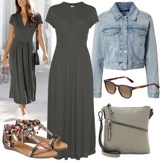 Dlouhé Outfit s Tmavě šedá/Tmavě zelená/Šedá/Khaki Dlouhé Šaty/Dlouhé Letní Šaty/Dlouhé pletené šaty/Šaty v Délce do Lýtka/Společenské šaty pro hosta/Žerzejové Šaty/Občanské šaty/Maxi Šaty Lascana "Outfit na léto"
