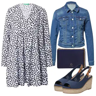 Outfity pro léto s Bílá/Světle modrá/Tmavě modrá Halenkové Šaty/Šaty S Kosticí/Šaty s puntíky/Košilové šaty/Šaty S Potiskem/Tunikové šaty/Šaty s dlouhým rukávem United Colors of Benetton "Outfit na léto"