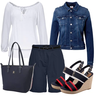 90tá léta Outfit s Modrá/Světle modrá/Tmavě modrá Vintage Bund/Krátké Džínové Bundičky/Džínové Bund Tommy Jeans "Outfit na léto"Look: 90tá léta, Cool, Námořní, Mom, Krásný, Univerzitní, Western, Pracovní oděvy, Retro