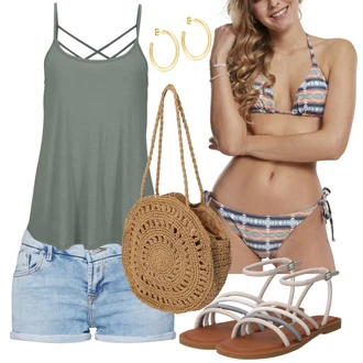 Outfit s Oranžová/Tmavě modrá/Hnědá/Modrá/Červená Kožené bundy pro muže/Balconette-bikini/Zavinovací bikini/Provázkové bikini/Bikin/Trojúhelníkové Bikiny About You "Outfit na léto"
