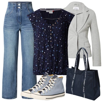 Outfit s Světle modrá/Modrá Zvonová Kalhoty/Kalhoty Bootcut/Lacláč/Kalhoty s Vysokým Pasem/Kalhoty se Štěrbinou/Kalhoty s dírou/Široká Kalhoty/Rozšířená Kalhoty Edited "Outfit na léto"