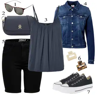 Western outfit mit Temno modra/Svetlo modra/Modra Denim Jakna/Kratka Denim Jakna/Vintage Jakna Tommy Jeans "Poletna oblačila"Look: Nor, Lak, 90. leta, Kul, Morski, Mom, Lepo, Univerzitetni, Western, Delovna oblačila, Retro