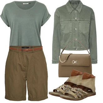 Chytrý příležitostný Outfit s Khaki Košile Chino Kraťasy/Šortky/Mušelínové Šortky/Bermuda VERO MODA "Outfit na léto"Look: 20 léta, Námořní, Venkovní, Preppy, Safari, Chytrý příležitostný, Unisex, Pracovní oděvy