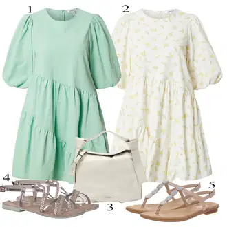 Glamurozno Z bleščicami outfit mit Svetlo modra/Bela/Rumena/Rjava/Bež T-pašček-Sandal/Sandali s Paščkom/Pletena Sandala/Sandal Z bleščicami Rieker "Poletna oblačila"Look: Glamurozno, Boho