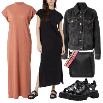 Elegantní Outfit s Hnědá/Fialová/Oranžová Žerzejové Šaty/Maxi Šaty/Tričkové šaty/Dlouhé pletené šaty/Šaty S Rovným Střihem/Dlouhé Letní Šaty About You "Outfit na léto"Look: Boho, Elegantní, Příliš oblečený, Univerzitní, Old Money, Slavnostní