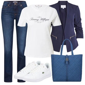 Outfity pro léto s Modrá/Fialová/R??ová Rovná D?ína/D?íny s Rozparkem/Pánské tri?ko/D?íny Regular Fit/D?íny s Nízkým Sedem/Ko?ená Pánská Bund/Zvonové D?íny/Ko?ené Boty/D?ín s Nízkým Pasem Tommy Hilfiger "Outfit na léto"