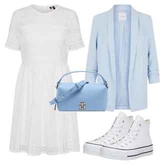 Elegantní Outfit s Bílá/Krémová/Šedá/Stříbrný Krajkové Šaty/Šaty na Konfirmaci VERO MODA "Outfit na léto"Look: 20 léta, Babydoll, Business, Elegantní, Old Money, Příliš oblečený, Romantický, Univerzitní, Slavnostní