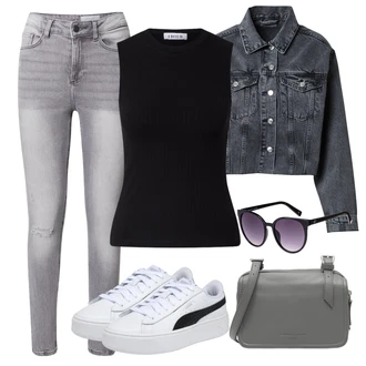 Outfit s Šedá/Světle šedá Kožená bunda/Kožené bundy/Motorkářské Džíny/Kotníková Bota/Džíny s Dírou/Push up Džín/Kožené Boty/Džíny s Rozparkem/High Waist Džínové Kalhoty Noisy may "Outfit na léto"