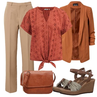 Outfit s Hnědá/Khaki/Béžová Business Kalhoty/Kalhoty s nášivkou uprostřed/Obleková Kalhoty/Mušelínové kalhoty/Kalhoty se Štěrbinou/Rovná Kalhoty Neo Noir "Outfit na léto"