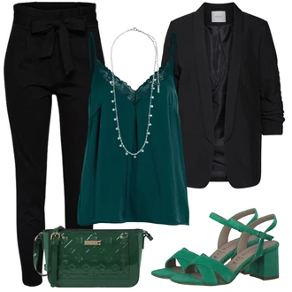 Outfit sa Crna Hlača sa Stremenom/Hlače Visokog Struka/Paperbag Hlača/Pletena Tajica VERO MODA "Outfit za ljeto"