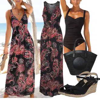 sviatočné Outfit sa Crvena/Žuta/Smeđa/Tamnocrvena Maksi Haljina/Duga Ljetna Haljina/Haljina S Printom/Duga Haljina Lascana "Outfit za plažu"Look: Boja, Preodjeven, Mom, Jazz, Boho, Sveučilišna, Hippie, Rap, sviatočné