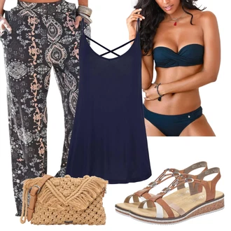 Svatovski gost Outfit sa Smeđa/Plava/Bijela/Bež Hlače Hlača s Uzorkom/Palazzo Hlača/Hlača za Plažu/Harem Hlača Lascana "Outfit za plažu"
