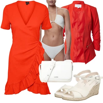 Outfit sa Narandžasta/Crvena Omotna Haljina/Haljina s volanima VERO MODA "Outfit za plažu"