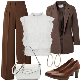 Elegantan Outfit sa Smeđa/Kaki/Tamnosmeđa Hlače S Naborom/Hlače Visokog Struka/Poslovna Hlača/Marlene Hlača/Hlače s Prorezom/Široka Hlača/Hlača od Odijela Leger by Lena Gercke "Outfit za sastanke"Look: GoGo, Lagano, Šik, Elegantan, Radna odjeća