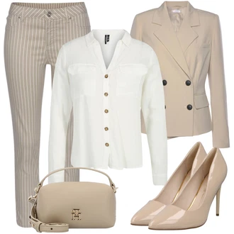 Outfit sa Krem/Zeleno/Bijela/Kaki/Bež Majica/Bluza s gumbom/Musseline Bluz/Bluza Dugih Rukava/Len Blúza/Bluza s zakrpom na laktu Vero Moda Petite "Outfit za sastanke"