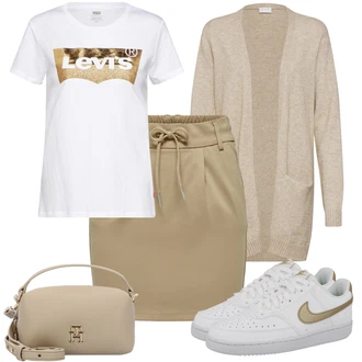 Outfit sa Bijela/Plava/Krem/Zlatni Kožna Tenisica/Niska Tenisica/Skate cipela/Tanka Tenisica/Vintage Tenisica Nike Sportswear "Outfit za slobodno vrijeme"