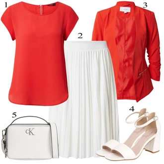 Kombinacije za posao Chic s kopčom Koža sa Smeđa/Crvena/Bijela/Krem Sandalice s blok petom/Sandala s petom About You "Tvoj otmjeni outfit"Look: Chic, Šik, Old Money, Burleska, cool, Elegantan