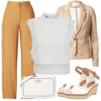 Outfit s Žlutá/Béžová/Khaki/Hnědá Marlene Kalhoty/Twillová Kalhoty/Kalhoty Bootcut/Tradiční Kalhoty/Kalhoty se Štěrbinou/Široká Kalhoty/Navlékací Kalhoty/Obleková Kalhoty/Kalhoty s Vysokým Pasem/Mušelínové kalhoty millane "Perfektní na léto"