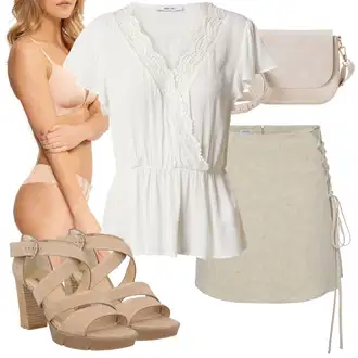 Outfit s Béžová/Khaki/Hnědá/Bílá Vlněná Sukně/Krátká Sukně/Sukně Pro Matriku/Vázací Sukně/Zavinovací Sukně Lascana "Perfektní na léto"