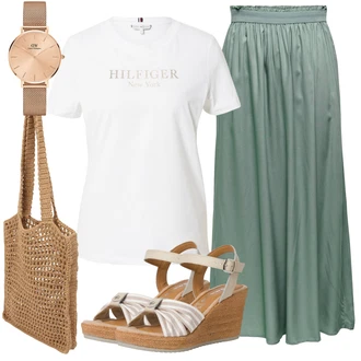 Outfity pro léto Turistika s Bílá/Stříbrný/Tmavě zelená Těhotenské tričko/Sportovní tričko/Fancy tričko/Tričko s nápisem/Funkční tričko/Neformální tričko/Tričko s krátkým rukávem Tommy Hilfiger "Perfektní na léto"Look: Turistika, Hokej