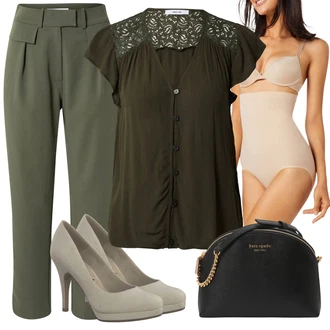 Babydoll Outfit s Tmavě zelená Halenka a Tunika Tunika About You "Perfektní na léto"Look: Lehký, Styl, Klasické, 20 léta, Babydoll, Irský, Italský, Mom, Krásný, Western
