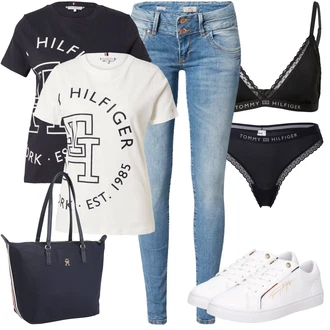 Outfity pro léto Turistika s Černá/Růžová/Tmavě zelená/Tmavě modrá Tričko s krátkým rukávem/Neformální tričko/Fancy tričko/Těhotenské tričko/Funkční tričko/Tričko s potiskem/Tréninkové tričko Tommy Hilfiger "Perfektní na léto"Look: Atletika, Turistika