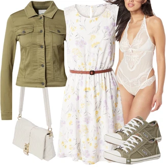 Outfit s Krémová/Žlutá Bavlněné Šaty/Šaty s Páskem/Šaty Bez Rukávů/Ležérní Šaty/Letní Šaty/Šaty S Potiskem About You "Perfektní na léto"