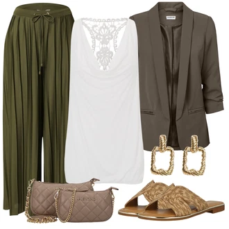 20 léta Outfit s Tmavě zelená/Khaki Široká Kalhoty/Culotte Kalhoty/Palazzo Kalhoty/Paperbag Kalhoty/Plisovaná Kalhoty/Plisovaná Kalhoty About You "Perfektní na léto"Look: 20 léta, Old Money, Venkovní