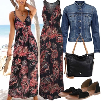 Bez rukávů Dlouhé Outfit s Červená/Hnědá/Tmavě červená/Žlutá Maxi Šaty/Dlouhé Letní Šaty/Šaty S Potiskem/Dlouhé Šaty Lascana "Plážový outfit"