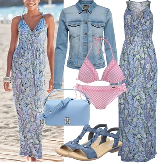 Bez rukávů Dlouhé Outfit s Lilové barvy/Modrá Dlouhé Letní Šaty/Maxi Šaty/Šaty S Potiskem/Společenské šaty pro hosta/Šaty Bez Ramínka Lascana "Plážový outfit"
