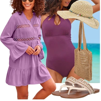 Outfit s Tmavě modrá/Fialová/Růžová Jednodílné plavky/Tankin s hlubokým výstřihem/Ohlávkou/Plavky Halterneck/Plavky monokiny/Plavky s průstřihem Lascana "Plážový outfit"