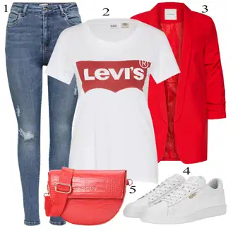 Outfit s Červená/Tmavě červená Oversize Sako/Boyfriend Sako/Dlouhý Sako/Teplákový blejzr/Kožená bunda pro muže Pieces "Módní letní vzhled"