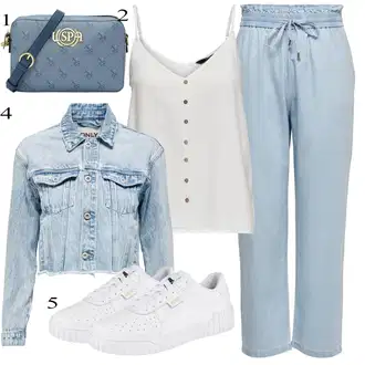 Outfit sa Svjetloplava/Plava Paperbag Hlača/Boyfriend Hlače/Hlača za Plažu/Slip-on Hlača/Pidžama Hlača/Hlače od muslina/Salonska Hlača/Lanene Hlače/Ležerna Hlača Only "Tvoj otmjeni outfit"