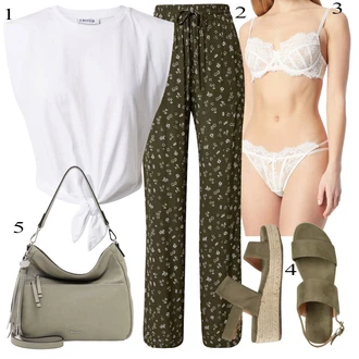 Outfity pro zábavu Safari s Tmavě zelená/Béžová/Khaki Letní Bota/Espadrille sandál/Espadrilka na Podpatku/Espadrilka s klínovým podpatkem About You "Outfit na léto"Look: Boho, Ležérní, Cool, Italský, Krásný, Safari, Sportovní