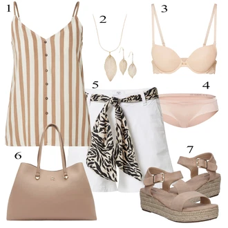 Outfit s Hnědá/Béžová Sandál Dianette/Římská sandála/Sandál S T Páskem/Rybářská sandála/Sandál se suchým zipem About You "Módní letní vzhled"