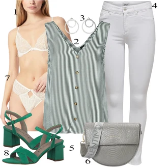 Outfit s Bílá/Khaki/Béžová/Krémová Pánské boty ve velikosti 11/Kožené bundy pro muže/Průsvitná podprsenka a podprsenka s kosticí/Podprsenka Bez Kostic/Měkká podprsenka/Bezdrátová podprsenka/Podprsenka Balconette/Odlehčovací podprsenka/Bralette/Podprsenka s kosticemi/Zmenšující Podprsenek HUNKEMÖLLER "Stylová letní nálada"